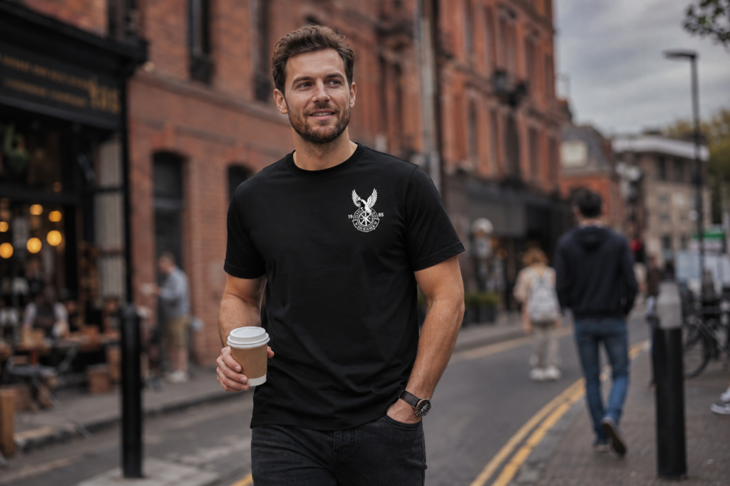 Casual streetwear outfit featuring a bold slogan graphic T-shirt
