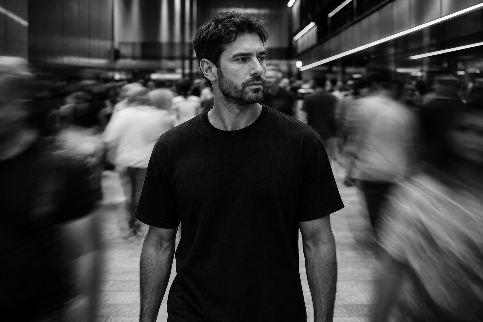 Man in a black T-shirt standing against the direction of a motion-blurred crowd